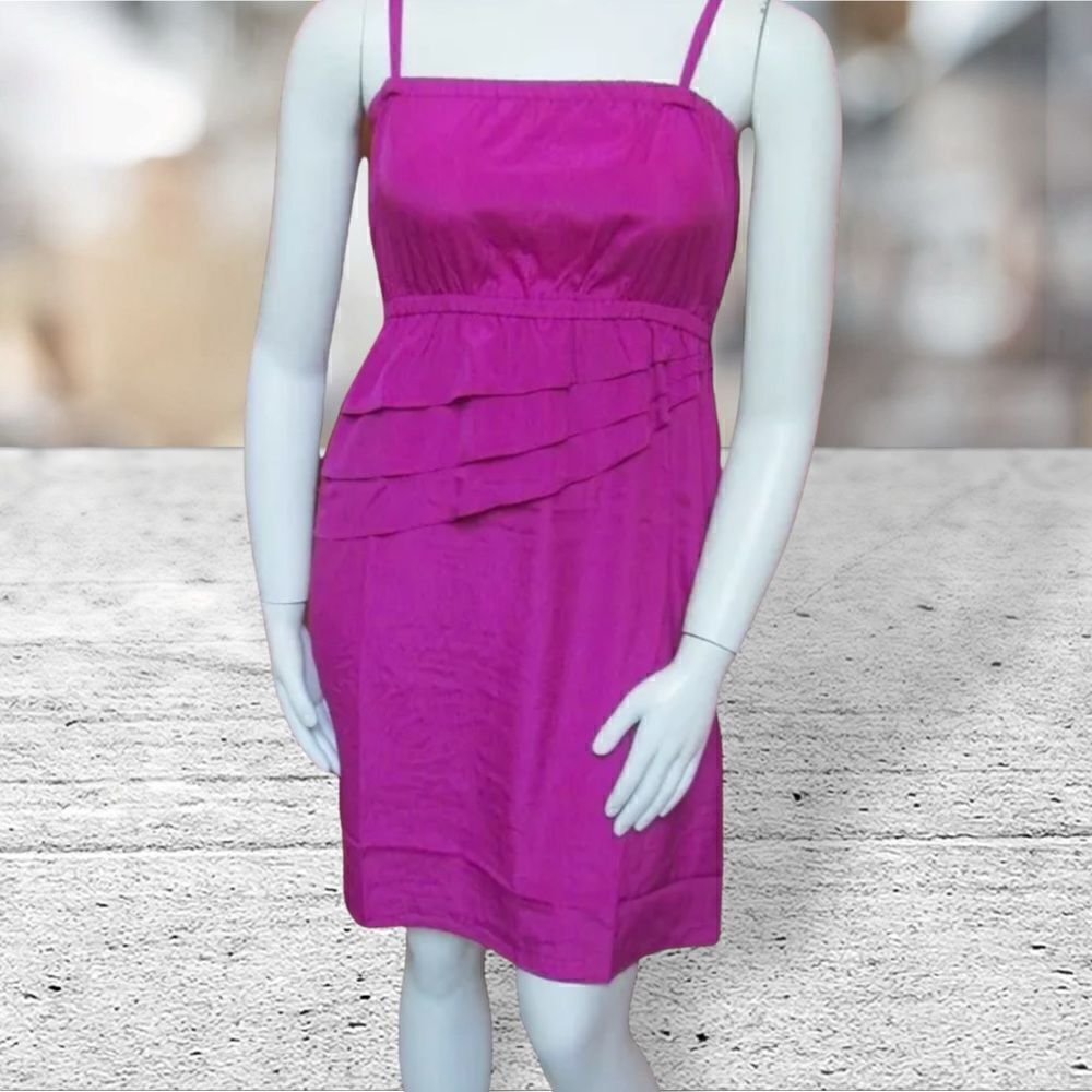 Magenta Silk Tiered Ruffle Mini Dress Fuchsia Spaghetti Strap Empire Waist‎ S